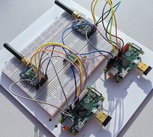 LoRaWAN development board with two Raspberry Pi Zeros, each connected to an Adafruit RFM9x radio module