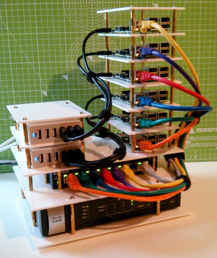 A Raspberry Pi computer stack with networking and power
