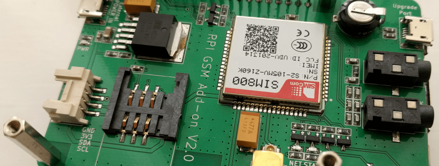 A picture of a SIM800 HAT on a Raspberry Pi