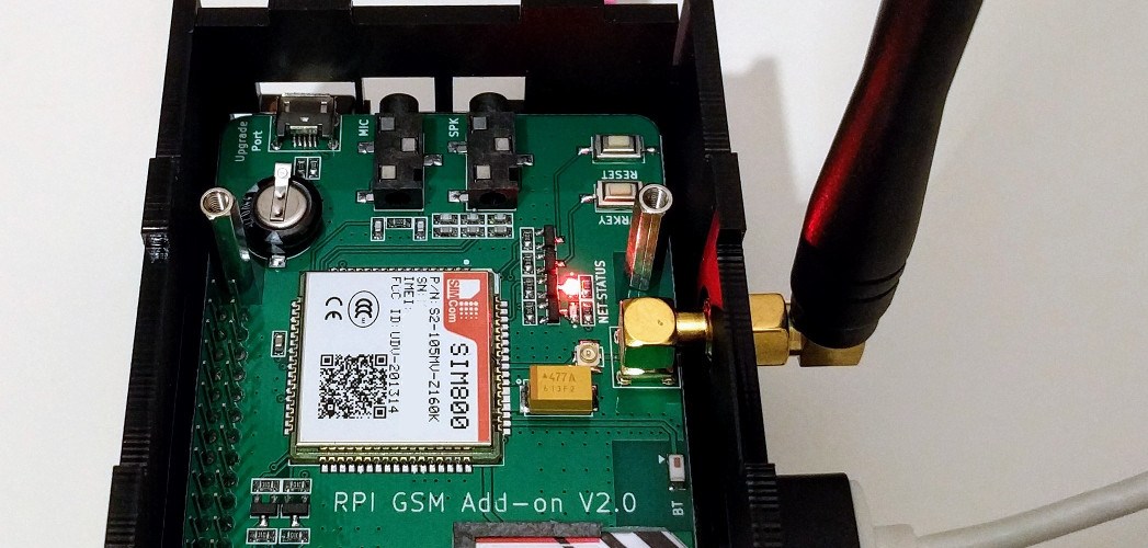 A SIM800 HAT sitting on a Raspberry Pi